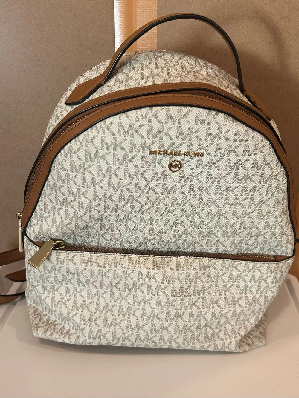 Michael Kors Cream MK Logo Backpack with Brown Trim